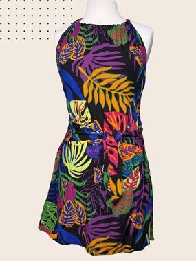 La Mer Luxe Black & Neon Tropical Halter Dress Leaf Print Tie Waist Small